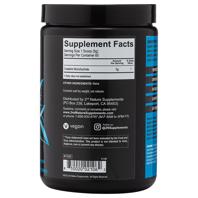 2nd Nature Supplements | Creatine: Micronized & Flavorless Powder, 60 Servings - Nutrition & Supplement Facts
