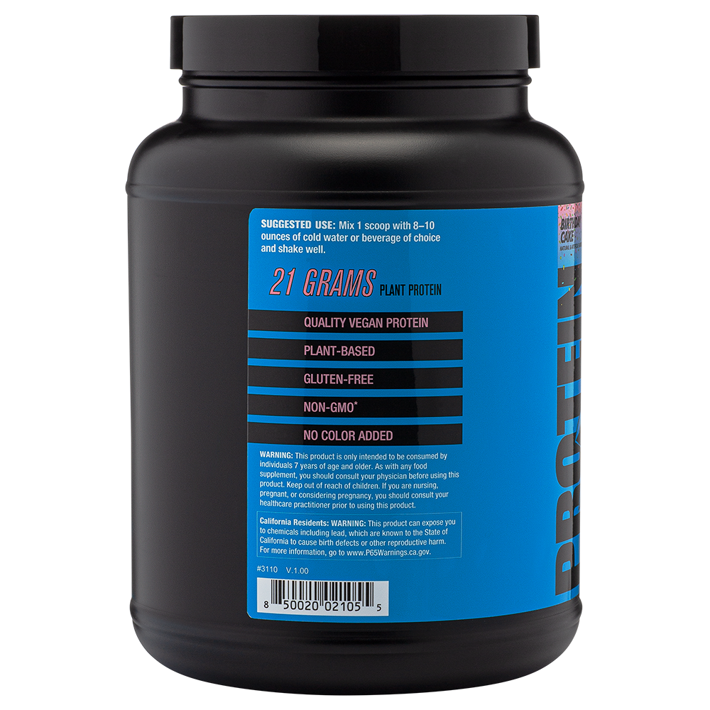 Side View of Container - 2NS Birthday Cake Protein Powder, Plant-Based, 30 Servings