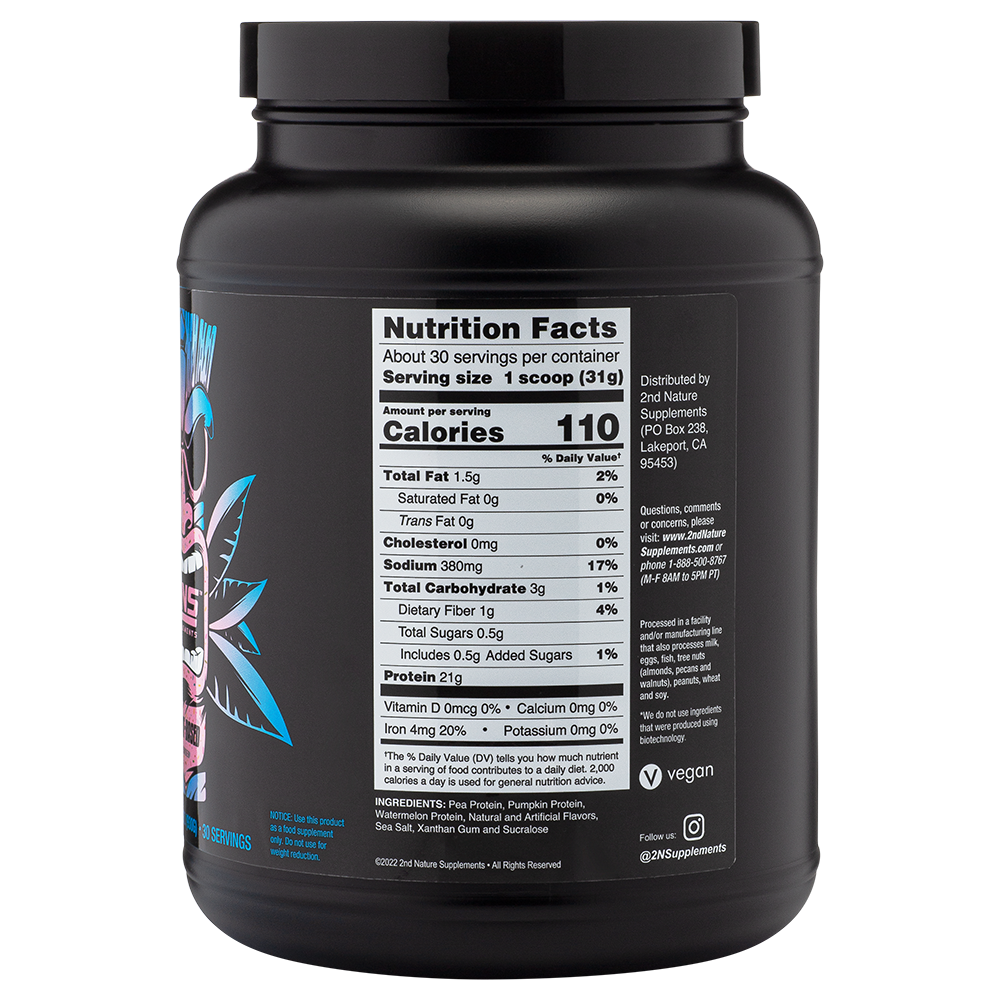 Back View of Container - 2NS Birthday Cake Protein Powder, Plant-Based, 30 Servings