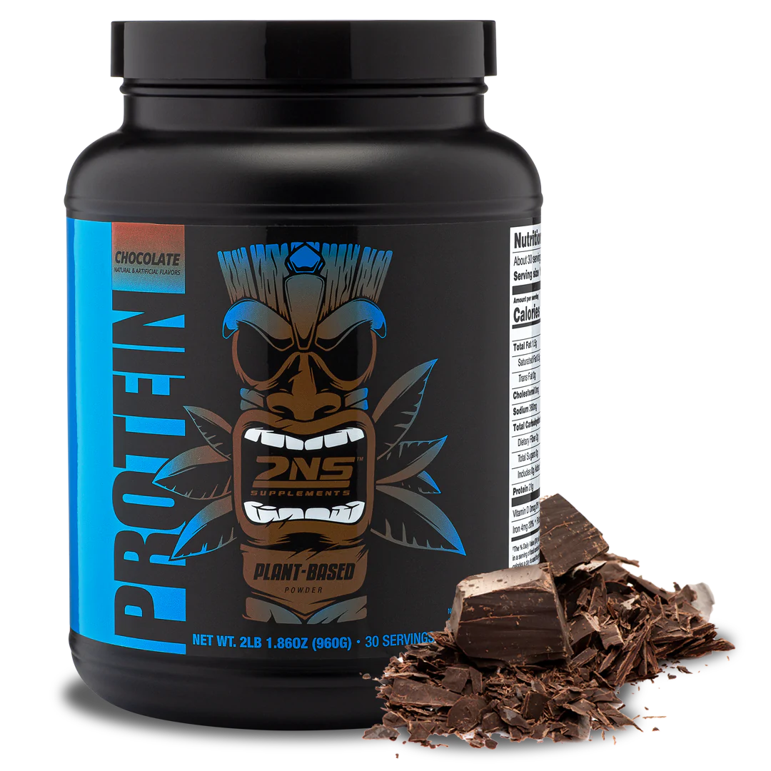 Bottle of Plant Protein: Chocolate | Shadow & Transparent Background w/ Chocolate Chunks | 2nd Nature Supplements | Workout Supplement Starter Kit & Free Blender Bottle | Creatine Shaker Bottle