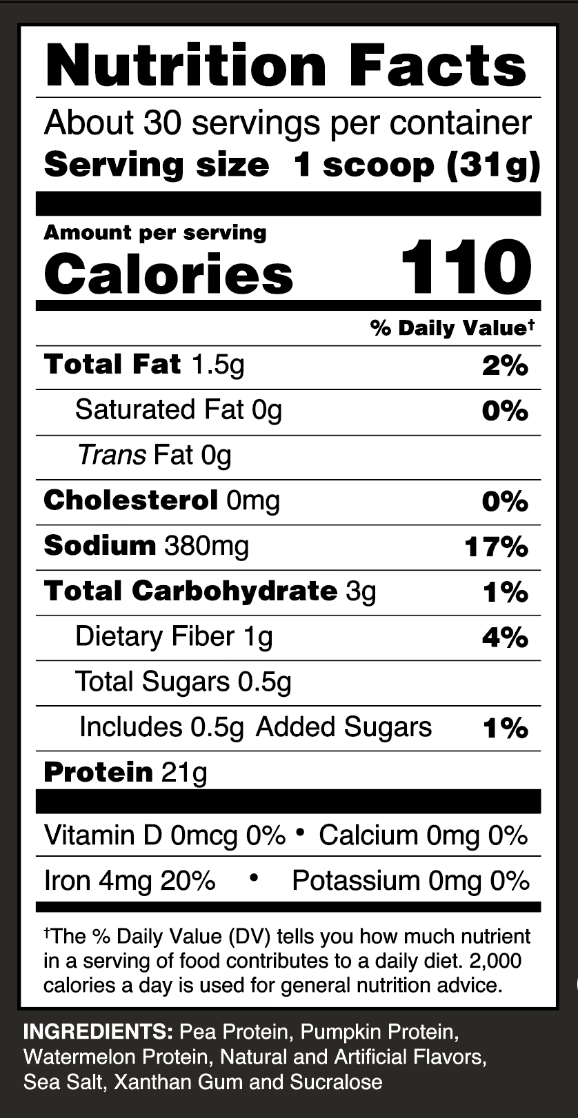 Nutrition Facts - 2NS Birthday Cake Protein Powder, Plant-Based, 30 Servings